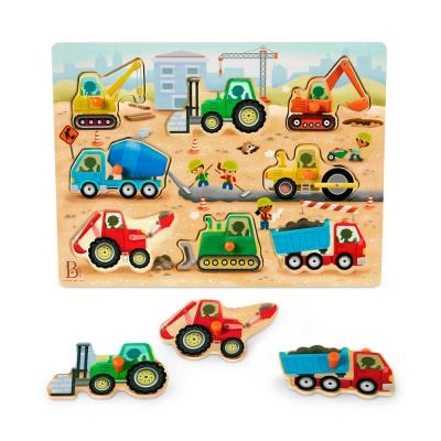 B.Woody - Casse-tête de bois "Peek & Explore" 8 pièces - Camions de construction | Puzzle en bois