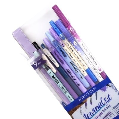 Ensemble d'écriture / Journal Kit 9pcs - Mauve/Bleu | Stylos