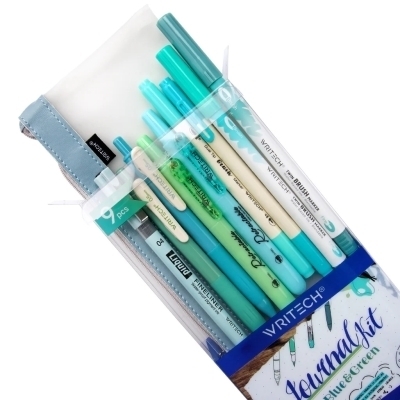 Ensemble d'écriture / Journal Kit 9pcs - Bleu/Vert | Stylos