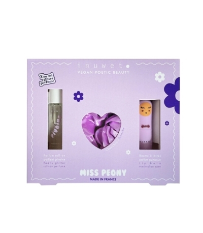 Coffret parfum miss peony- parfum pivoine - baume à lèvres guimauve - scrunchie mauve | Cadeau