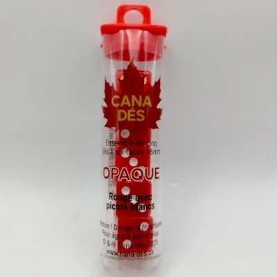 Tube de 5 dés à six faces 16mm - rouge avec picots blancs | Jeux de cartes et de dés classiques