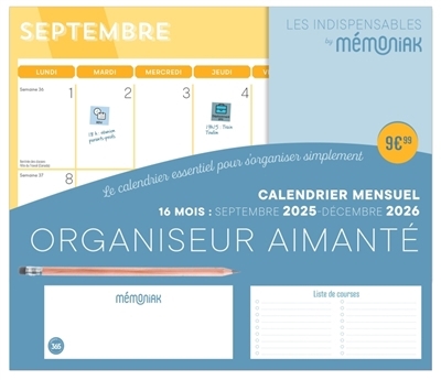 Organiseur aimanté mensuel Mémoniak 2026 : 16 mois, de septembre 2025 à décembre 2026 | 