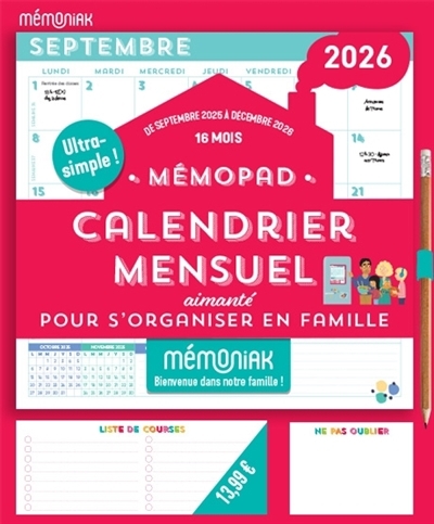Mémopad, calendrier mensuel aimanté Mémoniak 2026 : pour s'organiser en famille : 16 mois, de septembre 2025 à décembre 2026 | 