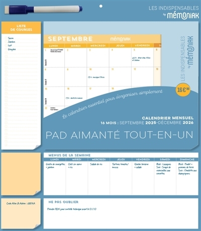 Pad mensuel aimanté tout-en-un 2026 : 16 mois, de septembre 2025 à décembre 2026 | 